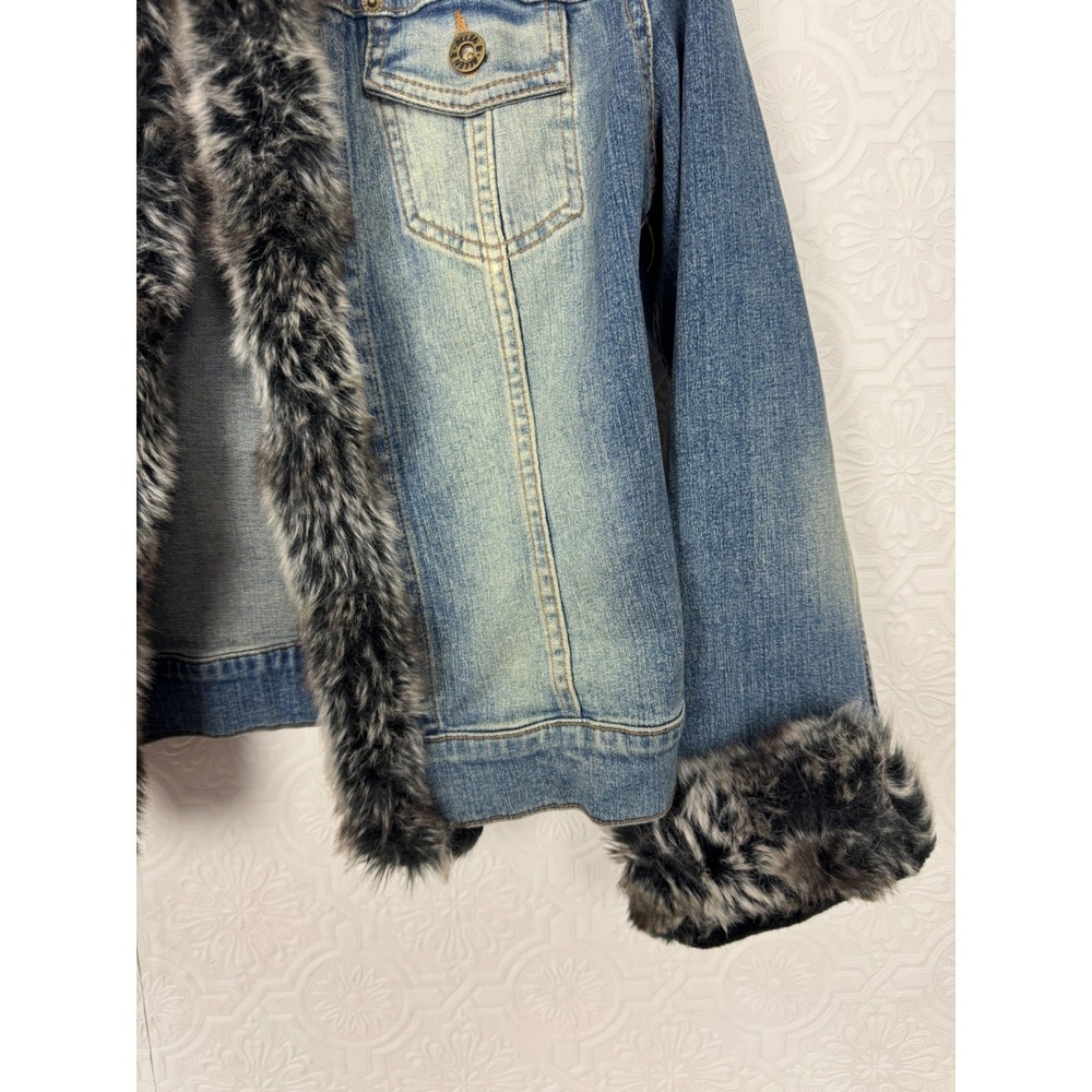 Vintage Y2K Allen B Allen Schwartz Faux Fur Trim Denim Jacket Medium Wash Small - Picture 5 of 10